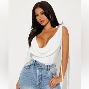 Elegant White Drape Neck Top bodysuit